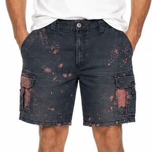 Men's Navy Bleach-Splatter Cargo Shorts Size 34 Distressed Grunge Y2K Streetwear